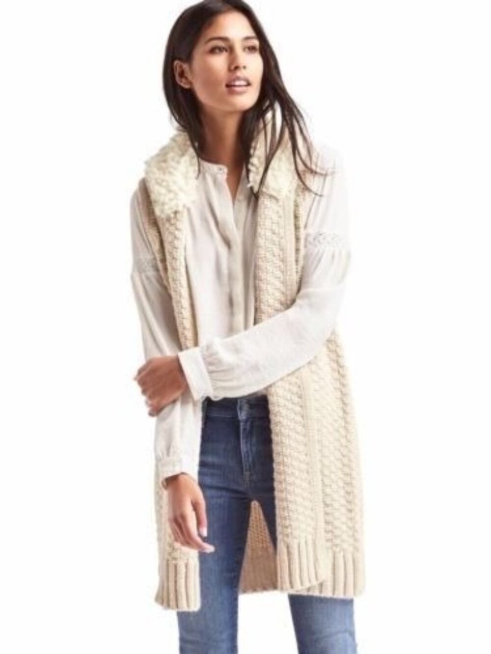 Gap SMALL Womens Sherpa Collar Cream Alpaca Wool Blend Knit Tunic Sweater Vest